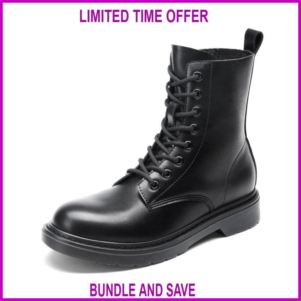 Lace-Up Combat Boots Low Heel Ankle Booties PU Leather